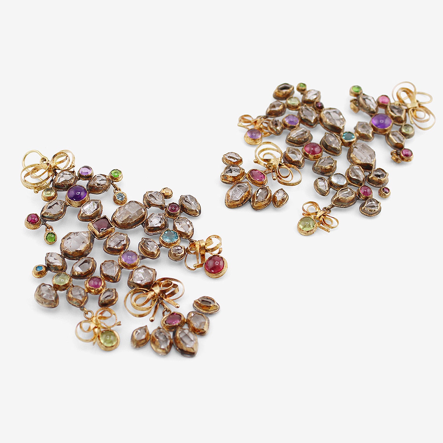 JUDY GEIB 18K WONDERFUL HERKIMER DIAMOND BOW-STYLE CHANDELIER EARRINGS WITH GEMSTONES