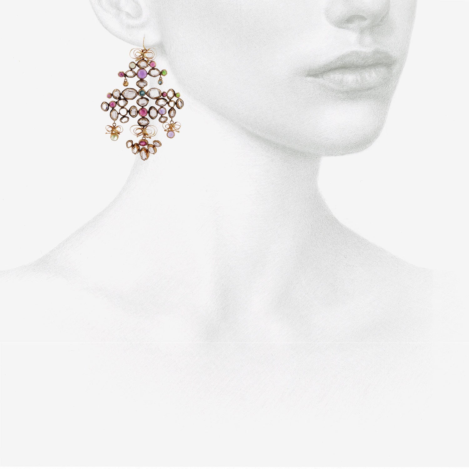 JUDY GEIB 18K WONDERFUL HERKIMER DIAMOND BOW-STYLE CHANDELIER EARRINGS WITH GEMSTONES