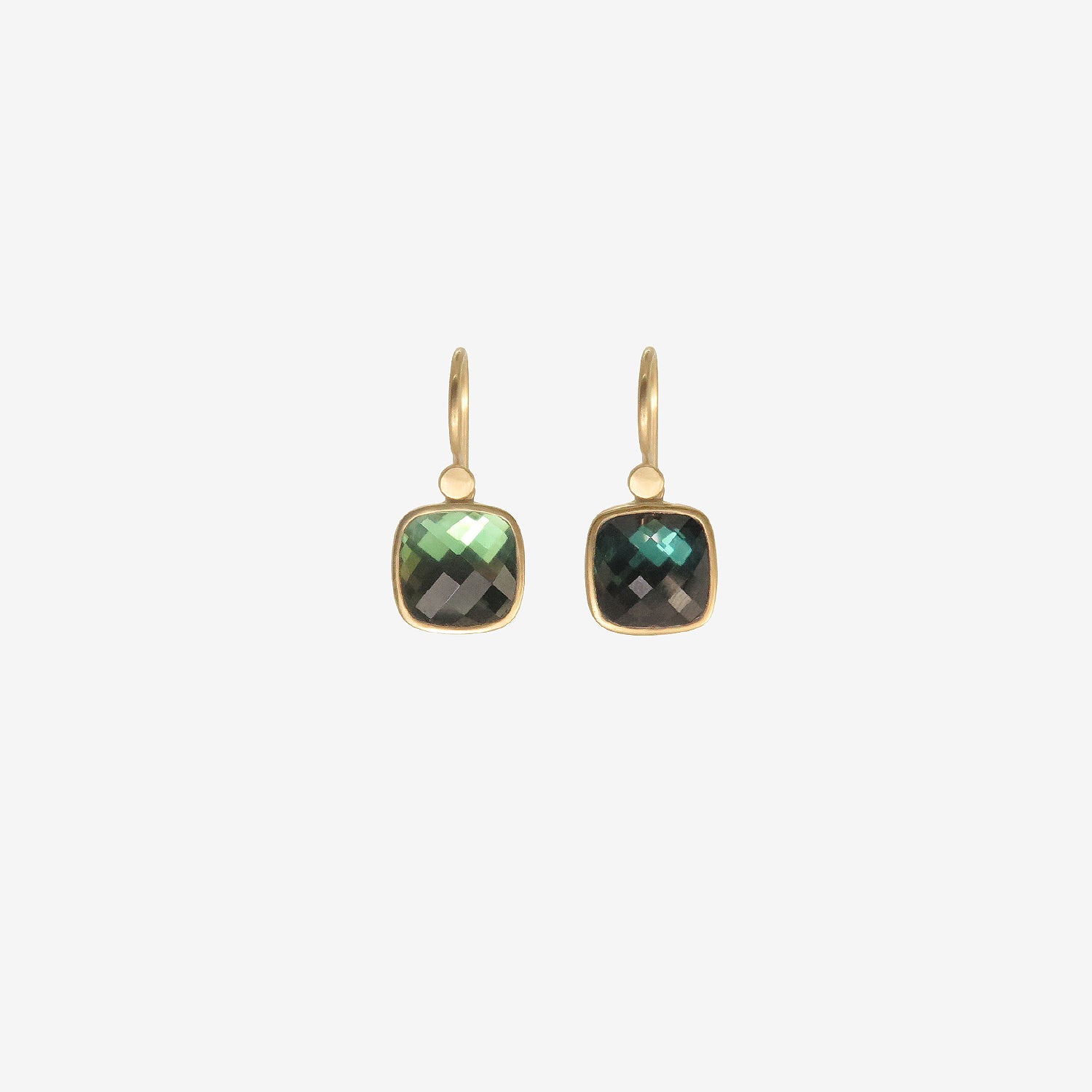 LOLA BROOKS 18K & GREEN AND BLUE CHECKERED TOURMALINE CUSHION EARRINGS, 4.81CT