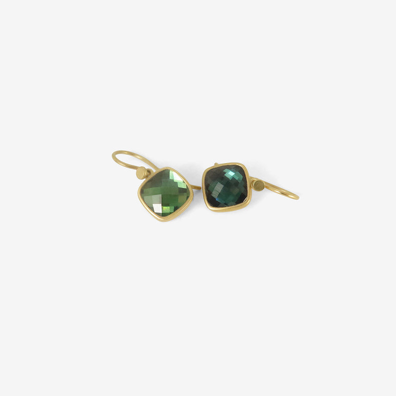LOLA BROOKS 18K & GREEN AND BLUE CHECKERED TOURMALINE CUSHION EARRINGS, 4.81CT