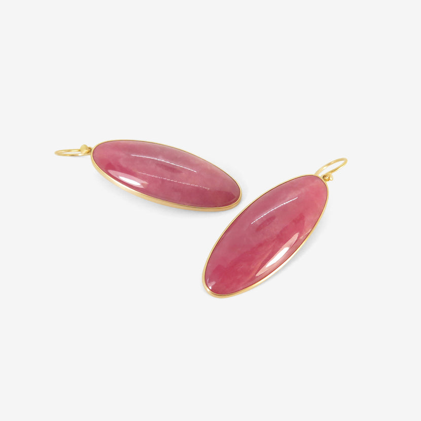 LOLA BROOKS 18K & LARGE ELONGATED OVAL RHODONITE DROP EARRINGS, 56.6CT