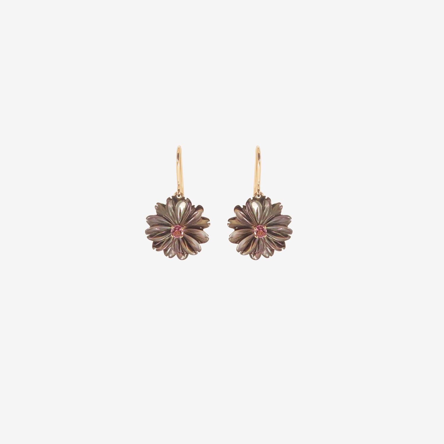 NICOLE LANDAW 14K & BLACK MOTHER-OF-PEARL SIMPLE FLOWER EARRINGS WITH PINK TOURMALINE CENTERS