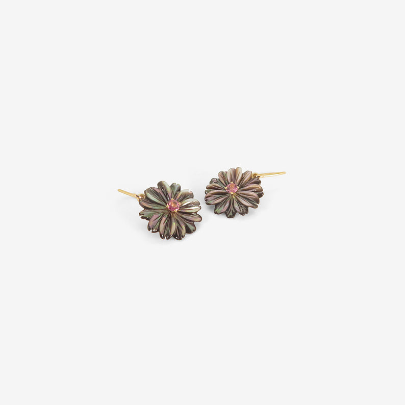 NICOLE LANDAW 14K & BLACK MOTHER-OF-PEARL SIMPLE FLOWER EARRINGS WITH PINK TOURMALINE CENTERS