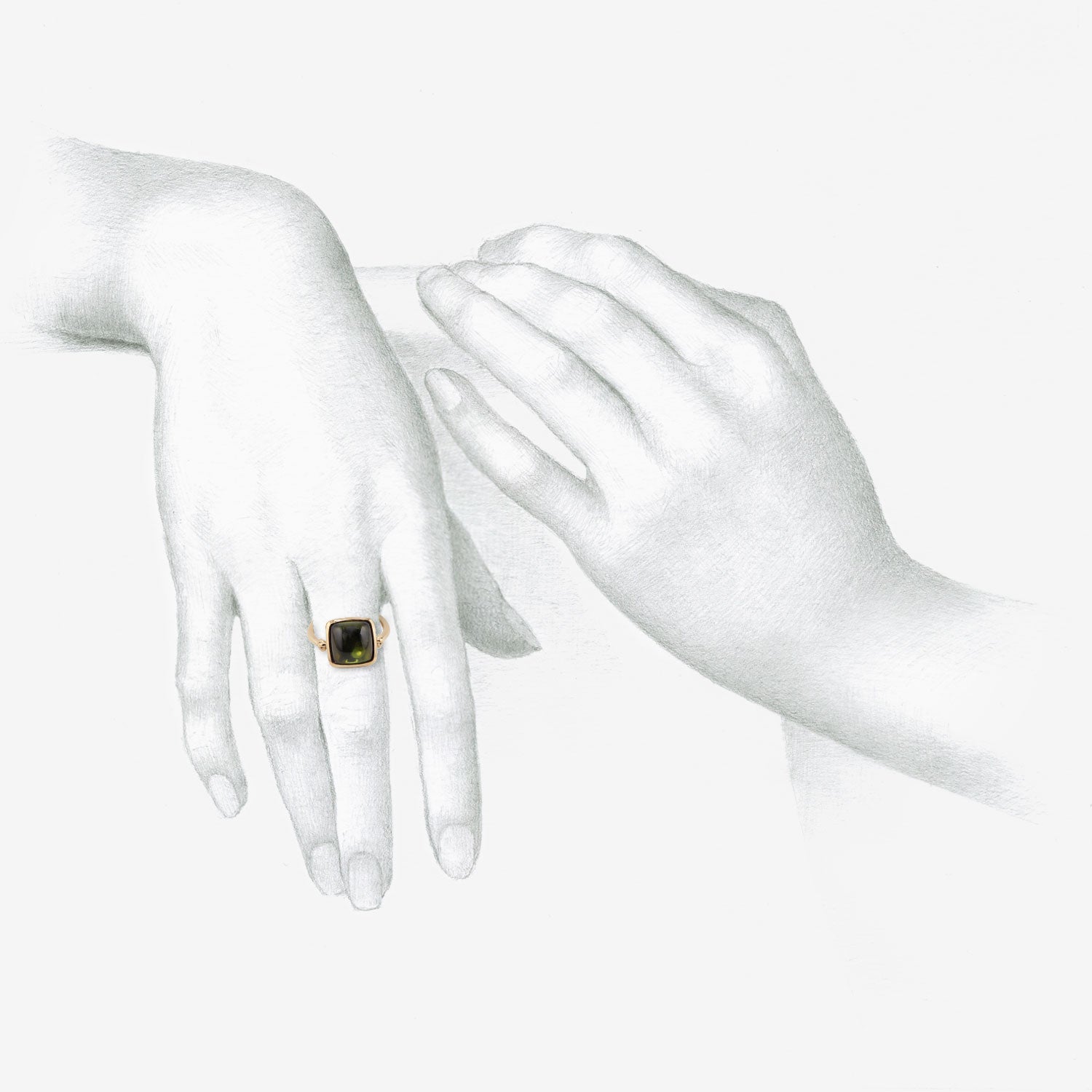NICOLE LANDAW 14K & CUSHION-SHAPED CABOCHON GREEN TOURMALINE EMPIRE RING