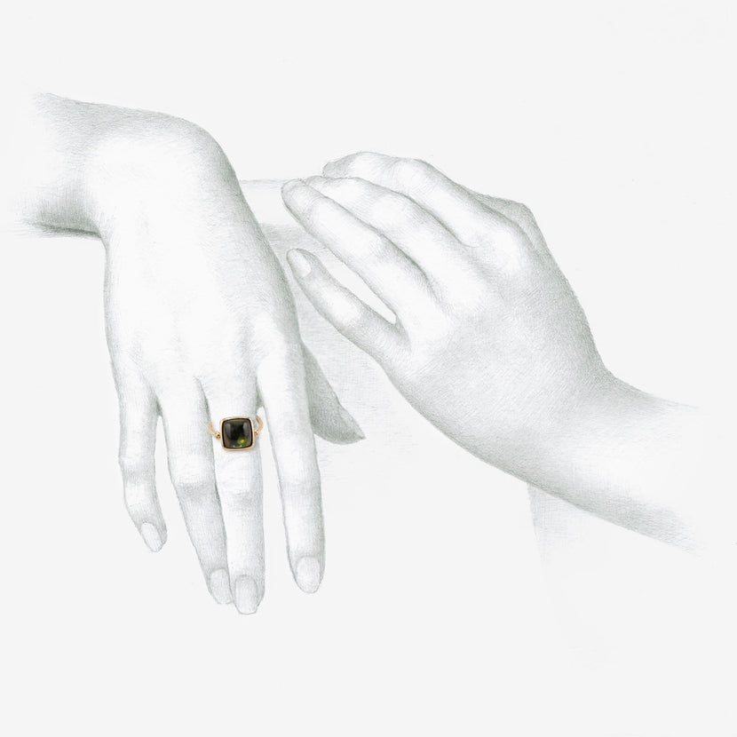 NICOLE LANDAW 14K & CUSHION-SHAPED CABOCHON GREEN TOURMALINE EMPIRE RING