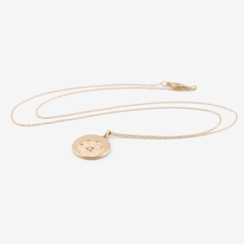 NICOLE LANDAW 14K & DIAMOND FLOWER STAMP DISC PENDANT, .03CT