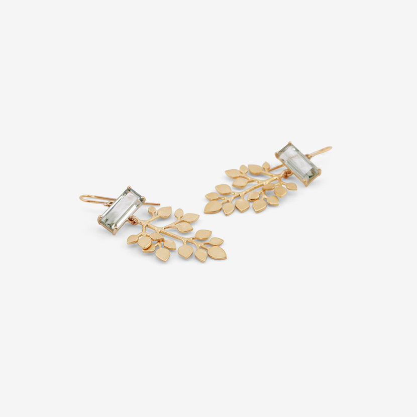 NICOLE LANDAW 14K & GREEN AMETHYST VINE LEAF EARRINGS