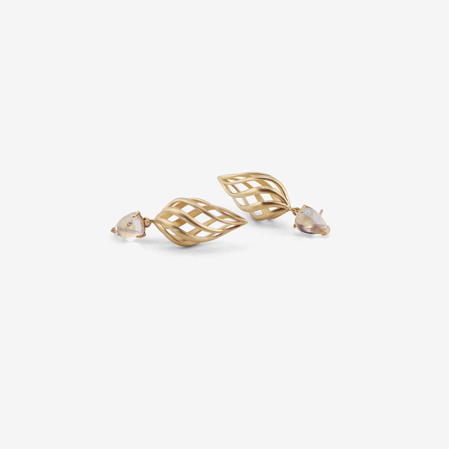 NICOLE LANDAW 14K & MOONSTONE SPIRAL MIRROR IMAGE TWIST EARRINGS ON POSTS