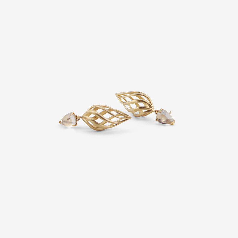 NICOLE LANDAW 14K & MOONSTONE SPIRAL MIRROR IMAGE TWIST EARRINGS ON POSTS