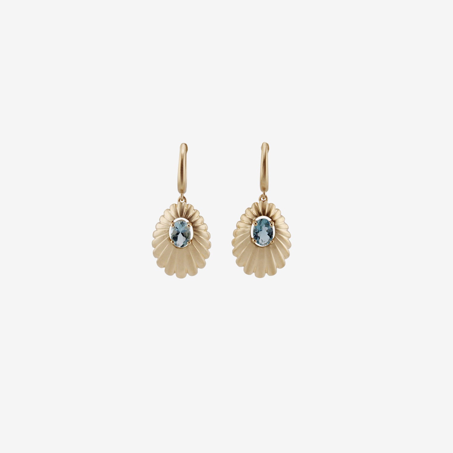 NICOLE LANDAW 14K SHELL DROP HUGGIE HOOPS WITH AQUAMARINE CENTERS