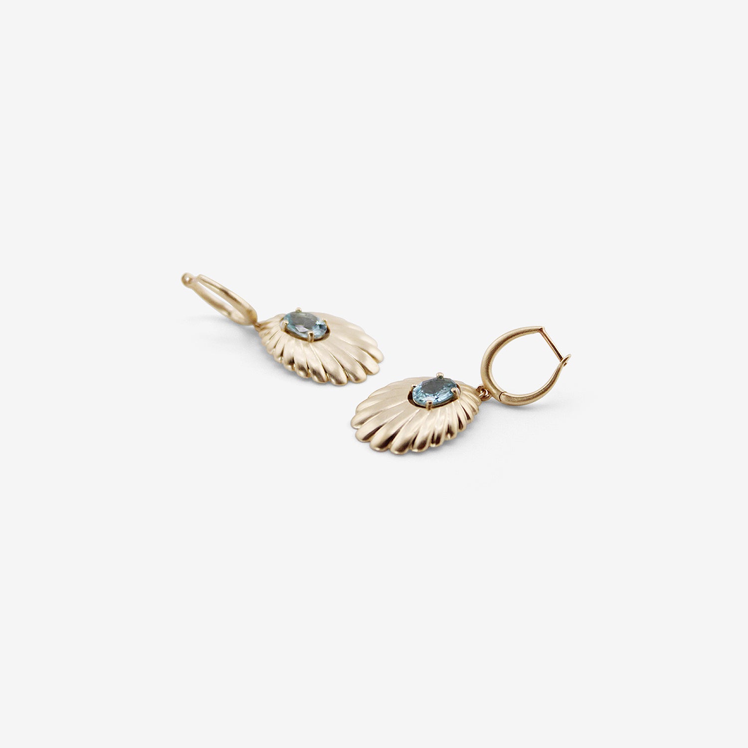NICOLE LANDAW 14K SHELL DROP HUGGIE HOOPS WITH AQUAMARINE CENTERS
