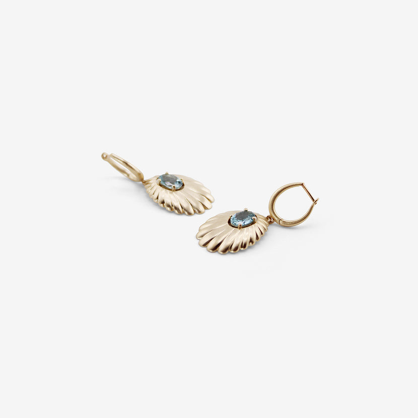 NICOLE LANDAW 14K SHELL DROP HUGGIE HOOPS WITH AQUAMARINE CENTERS
