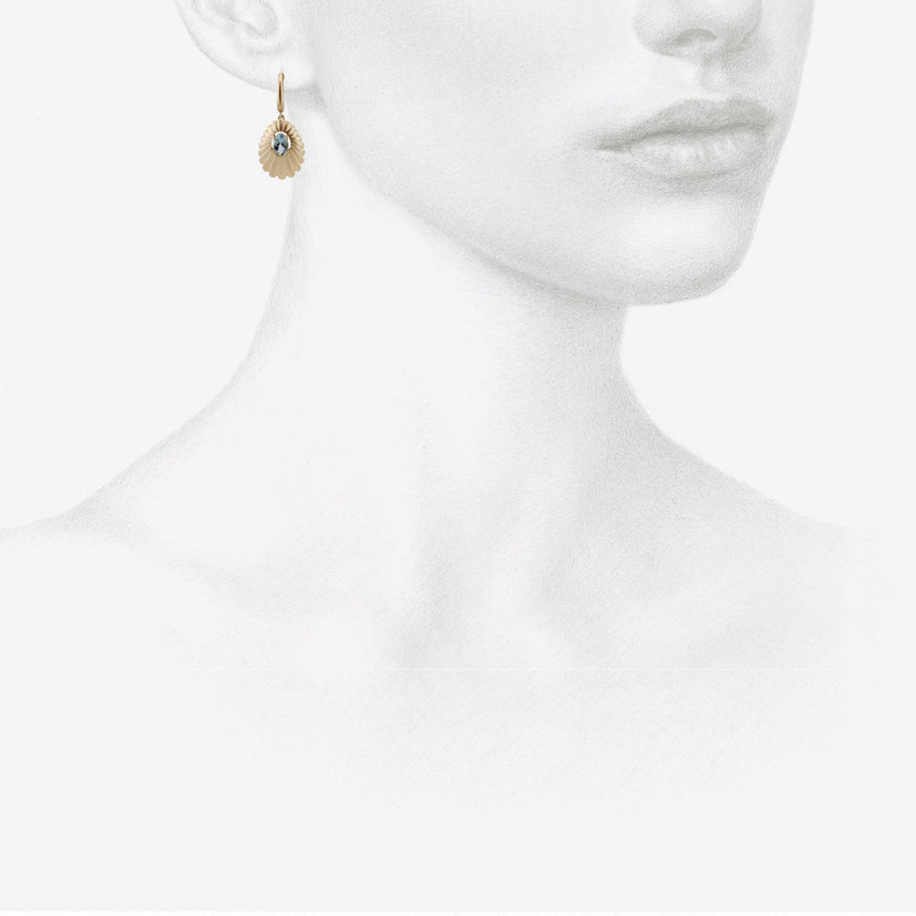 NICOLE LANDAW 14K SHELL DROP HUGGIE HOOPS WITH AQUAMARINE CENTERS