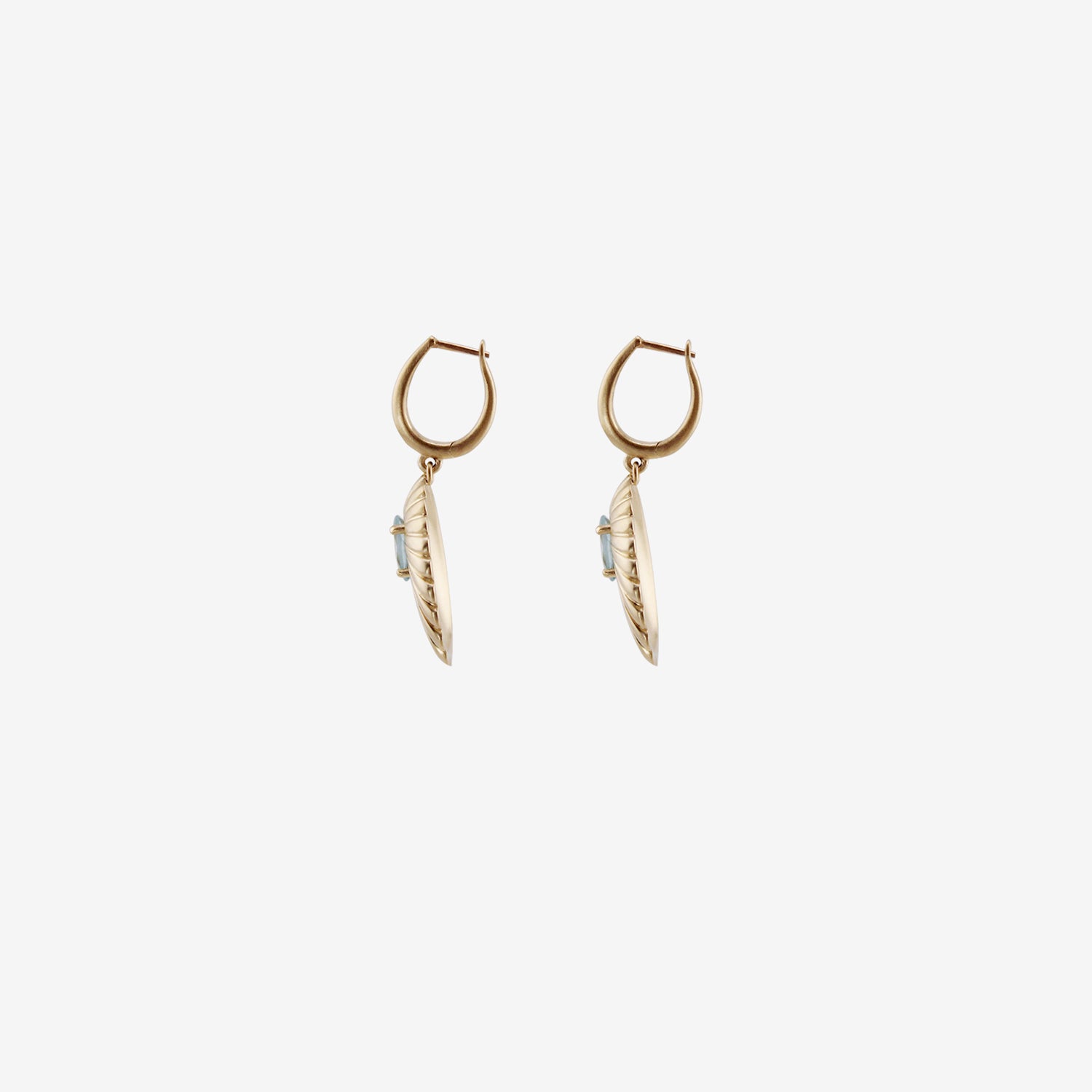 NICOLE LANDAW 14K SHELL DROP HUGGIE HOOPS WITH AQUAMARINE CENTERS