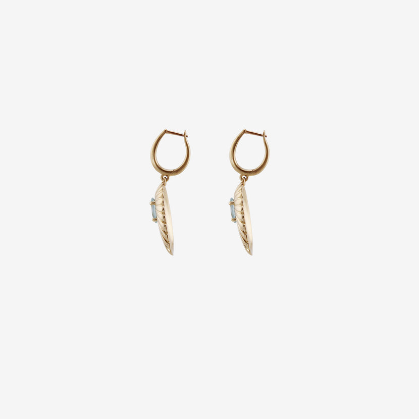 NICOLE LANDAW 14K SHELL DROP HUGGIE HOOPS WITH AQUAMARINE CENTERS