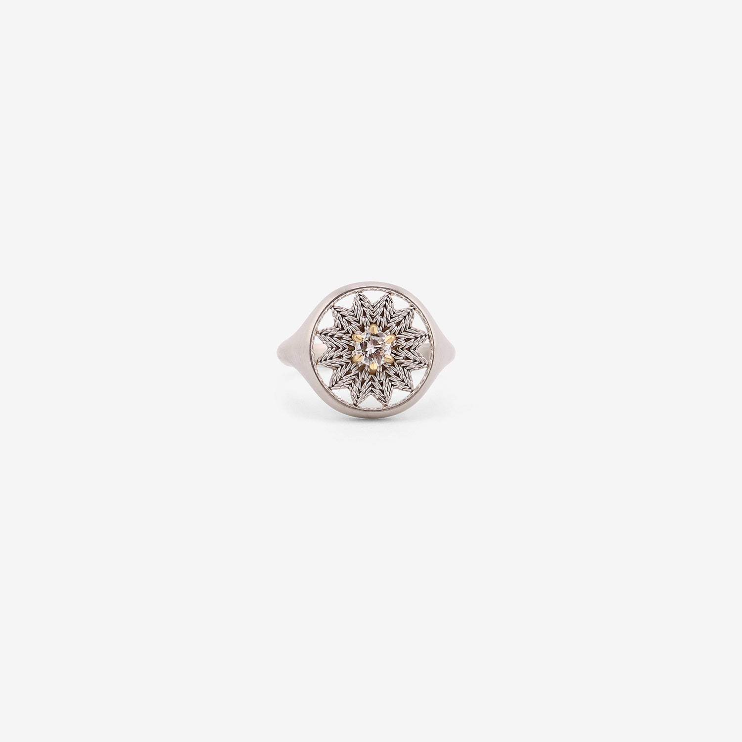 NIKOLLE RADI 18K & PLATINUM FLOWER SEAL RING WITH OLD MINE CUT DIAMOND, .23CT