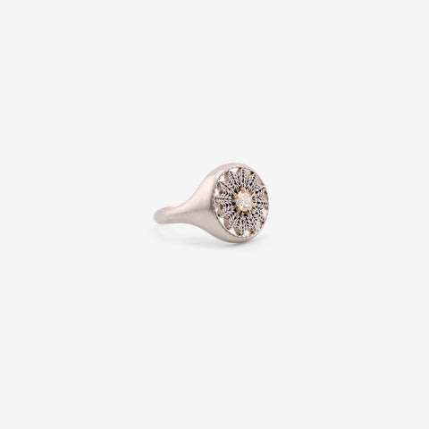 NIKOLLE RADI 18K & PLATINUM FLOWER SEAL RING WITH OLD MINE CUT DIAMOND, .23CT