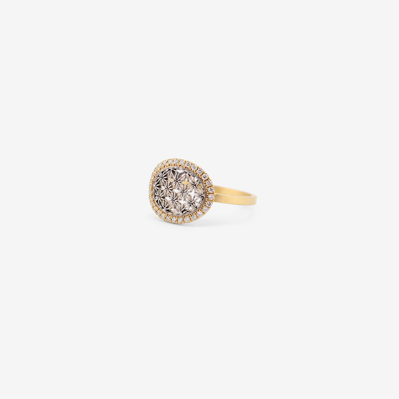 NIKOLLE RADI 18K & PLATINUM SMALL OVAL DAMASK RING WITH WHITE PAVÉ DIAMONDS