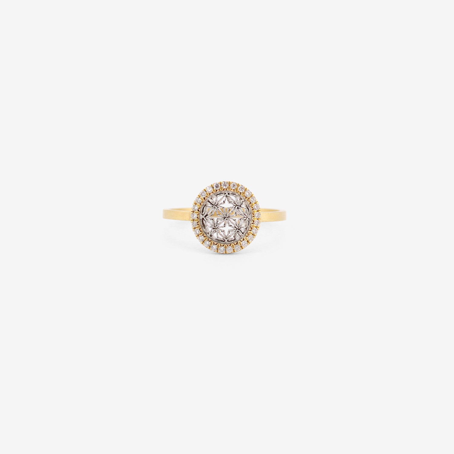 NIKOLLE RADI 18K & PLATINUM SMALL ROUND DAMASK RING WITH WHITE PAVÉ DIAMONDS