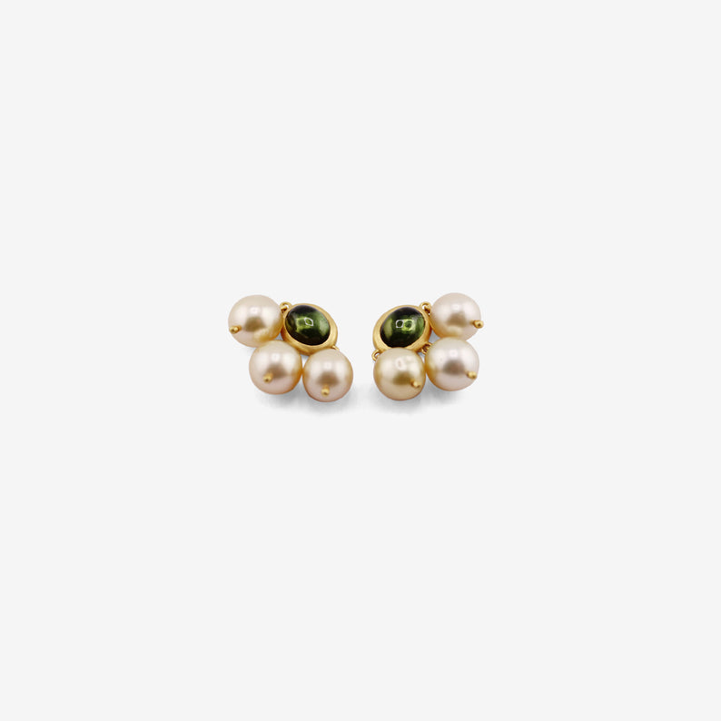PROUNIS 22K & GREEN TOURMALINE UNDA STUDS WITH GOLDEN SOUTH SEA PEARLS