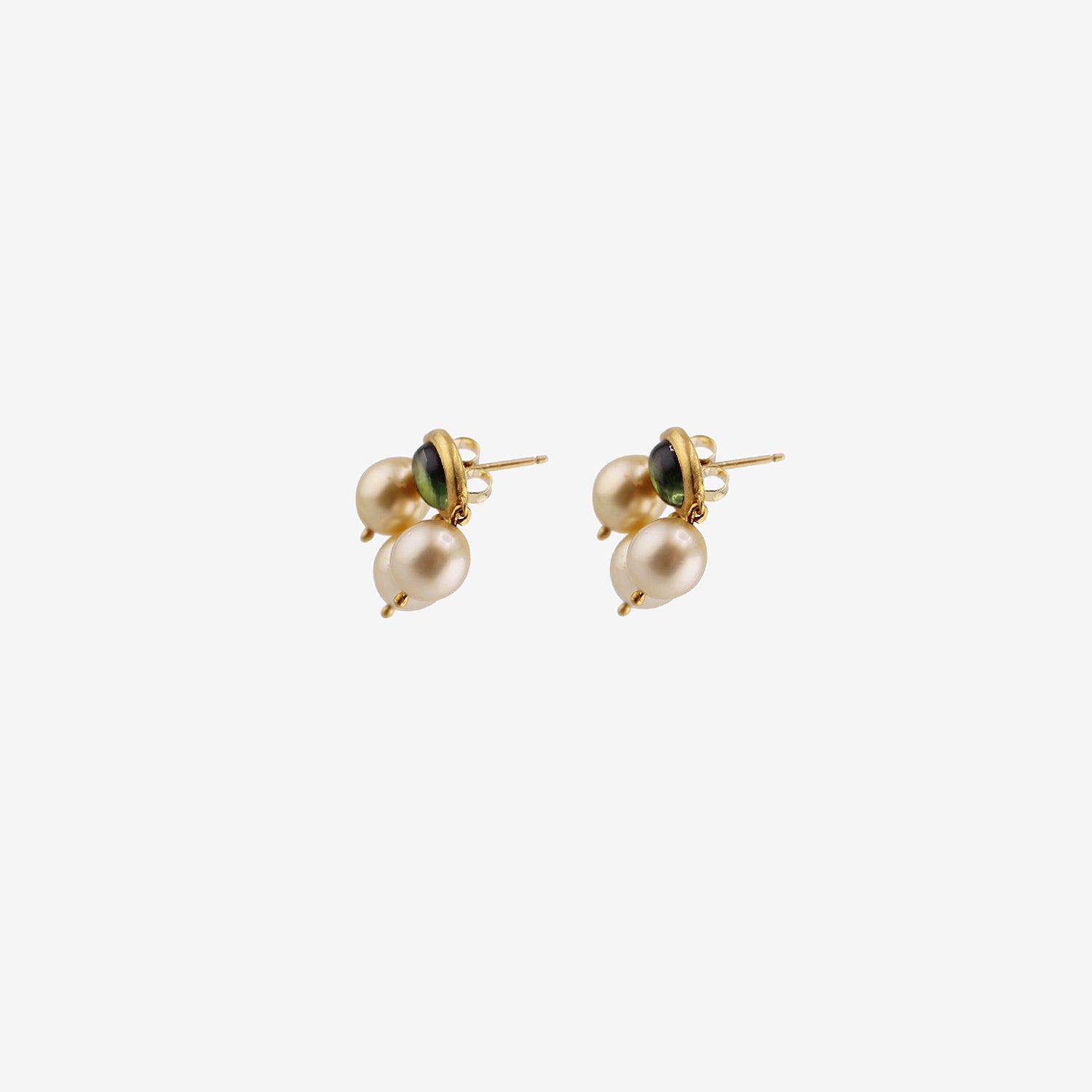 PROUNIS 22K & GREEN TOURMALINE UNDA STUDS WITH GOLDEN SOUTH SEA PEARLS