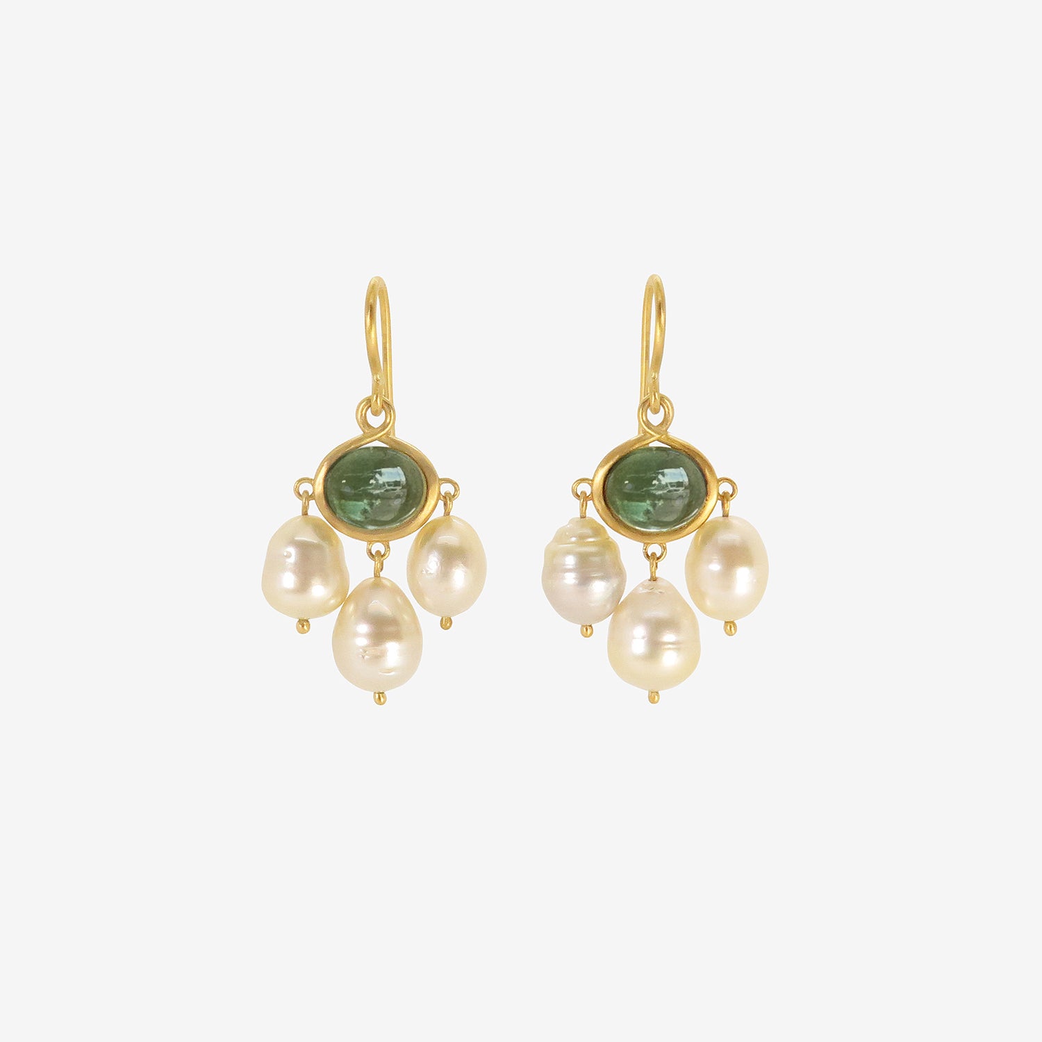 PROUNIS 22k & GREEN TOURMALINE UNDA EARRINGS WITH GOLDEN SOUTH SEA PEARLS