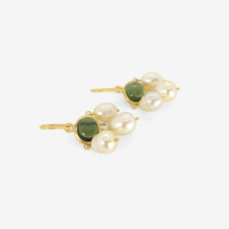 PROUNIS 22k & GREEN TOURMALINE UNDA EARRINGS WITH GOLDEN SOUTH SEA PEARLS