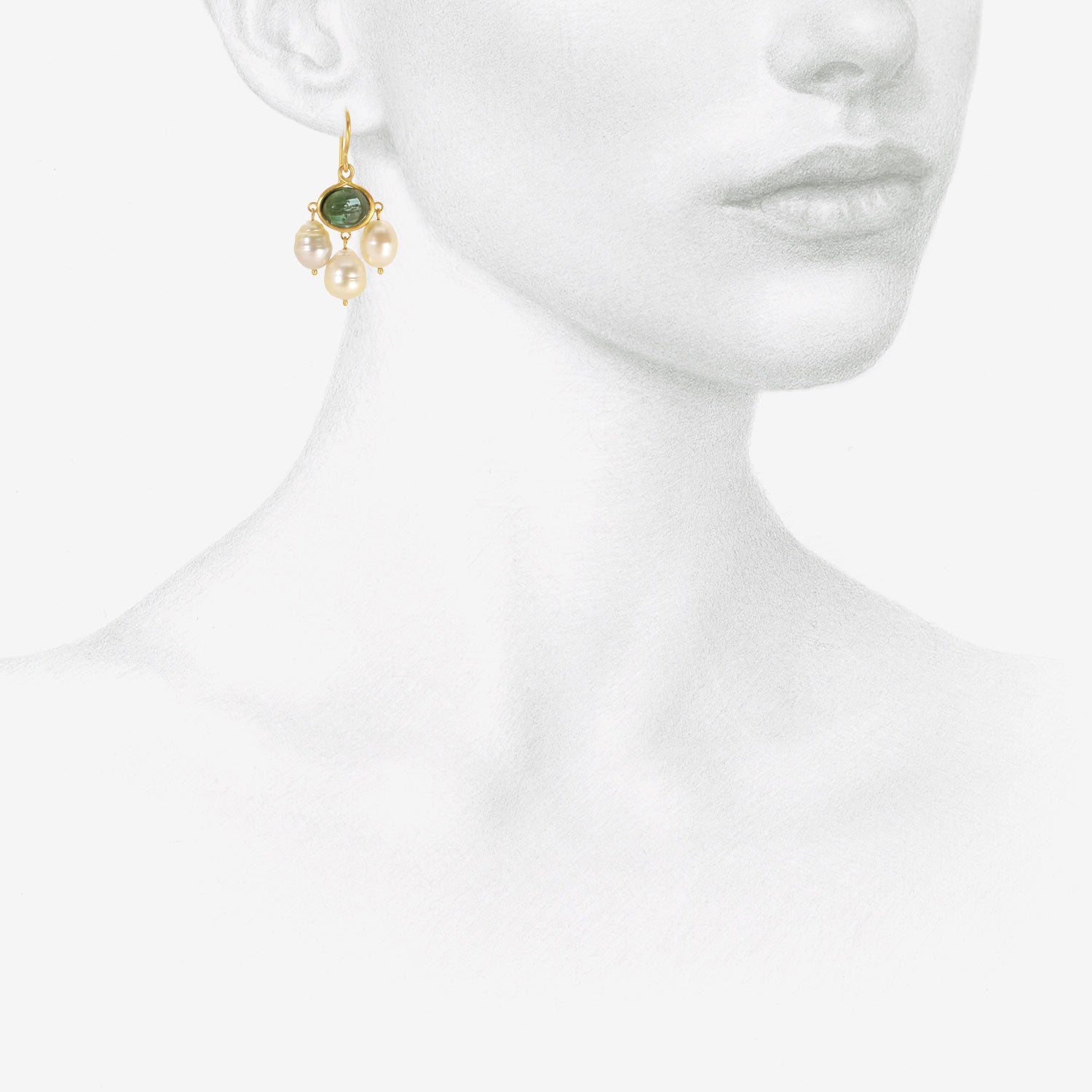 PROUNIS 22k & GREEN TOURMALINE UNDA EARRINGS WITH GOLDEN SOUTH SEA PEARLS