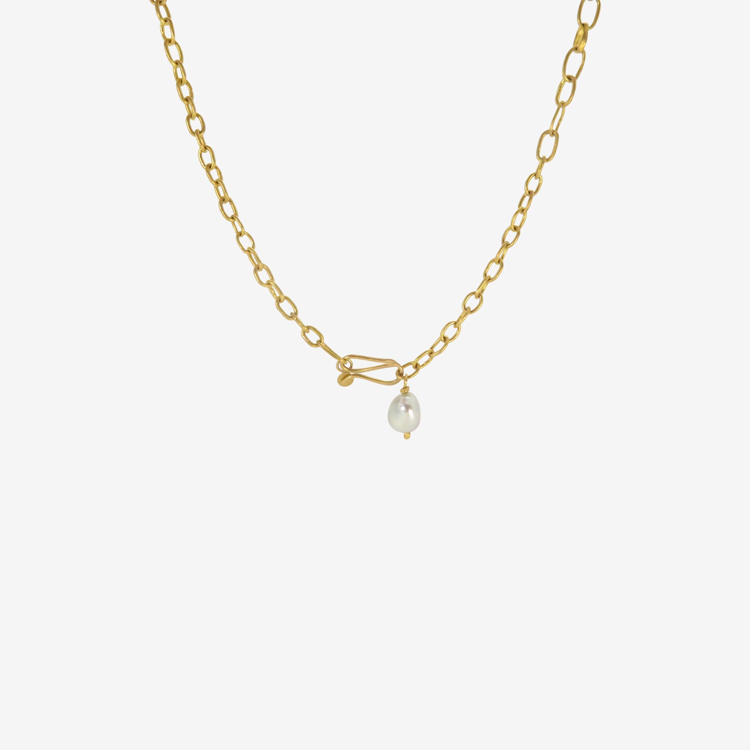 ROSANNE PUGLIESE 22K MIXED LARGE & SMALL OVAL LINK CHAIN NECKLACE WITH KESHI PEARL