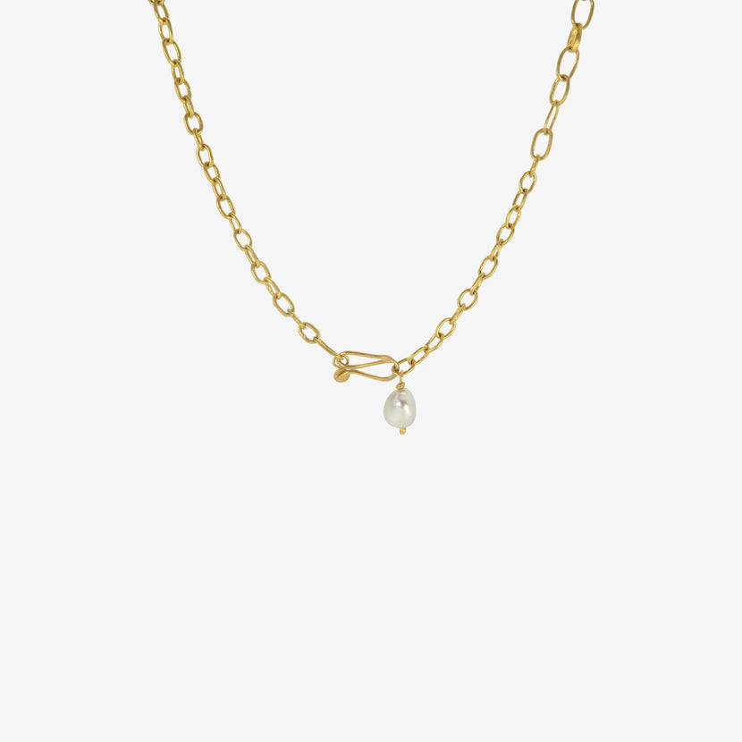 ROSANNE PUGLIESE 22K MIXED LARGE & SMALL OVAL LINK CHAIN NECKLACE WITH KESHI PEARL