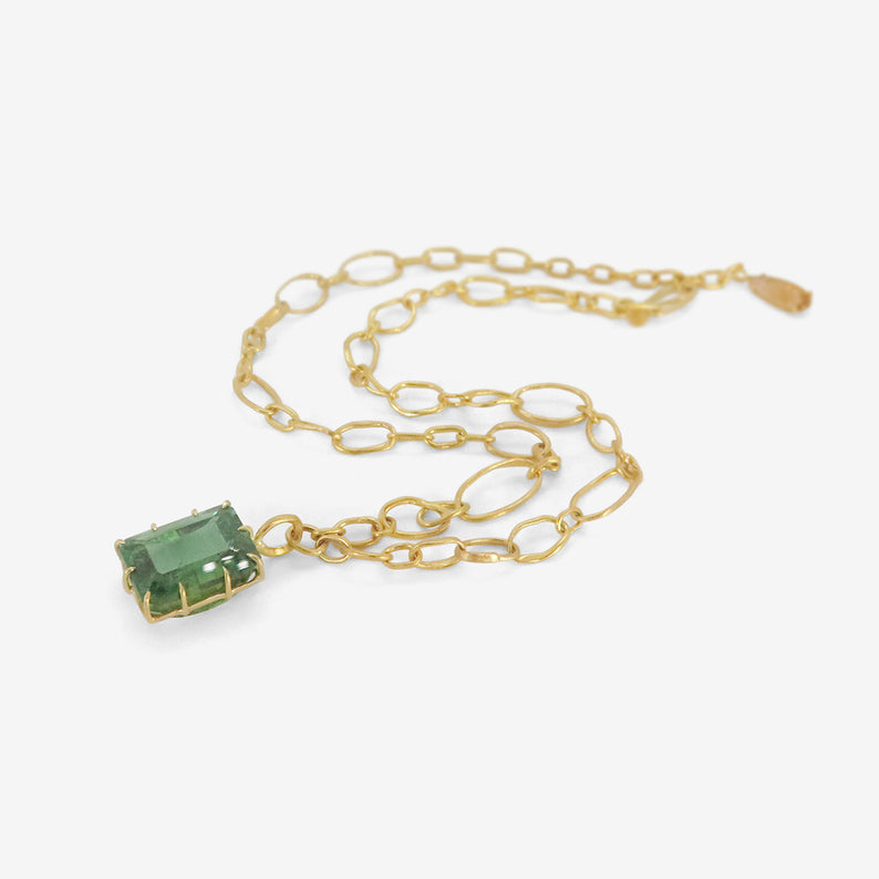 ROSANNE PUGLIESE 22K RANDOM LINK CHAIN WITH EMERALD-CUT GREEN BERYL PENDANT & TOPAZ DETAIL