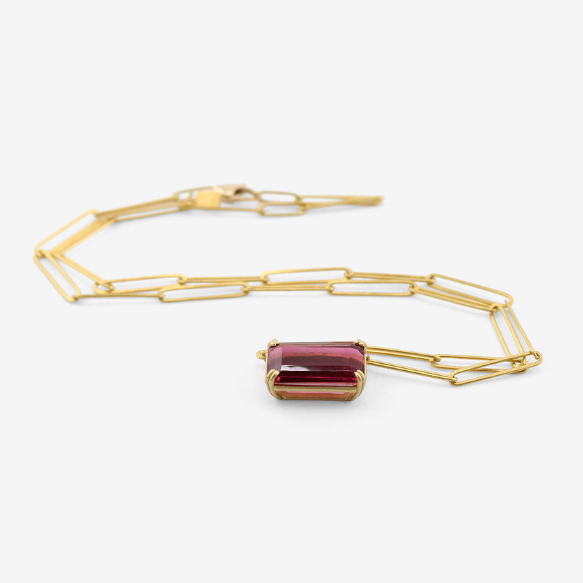ROSANNE PUGLIESE 18K & EMERALD-CUT RUBELLITE TOURMALINE PENDANT ON 22K PAPERCLIP CHAIN, 7CT