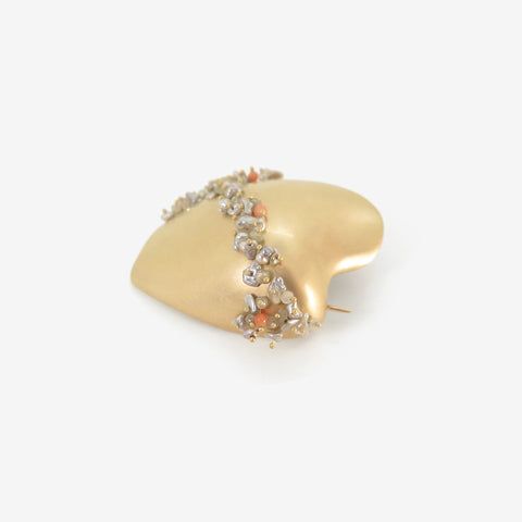 TED MUEHLING 10K SMALL CLAM SHELL WITH KESHI PEARLS, DIAMONDS & CORAL