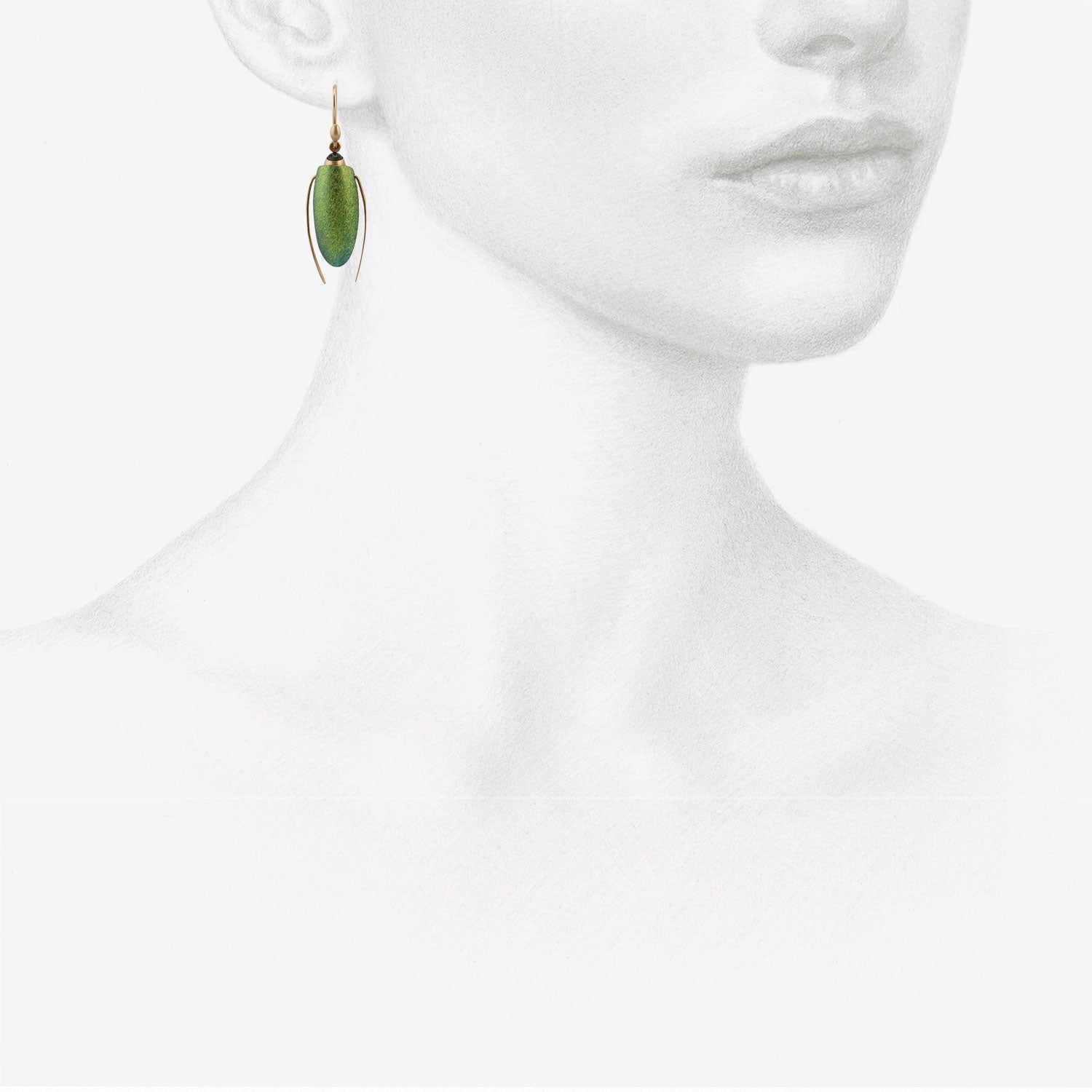 TED MUEHLING 14K & GREEN NIOBIUM LARGE SCARAB EARRINGS WITH TOURMALINE