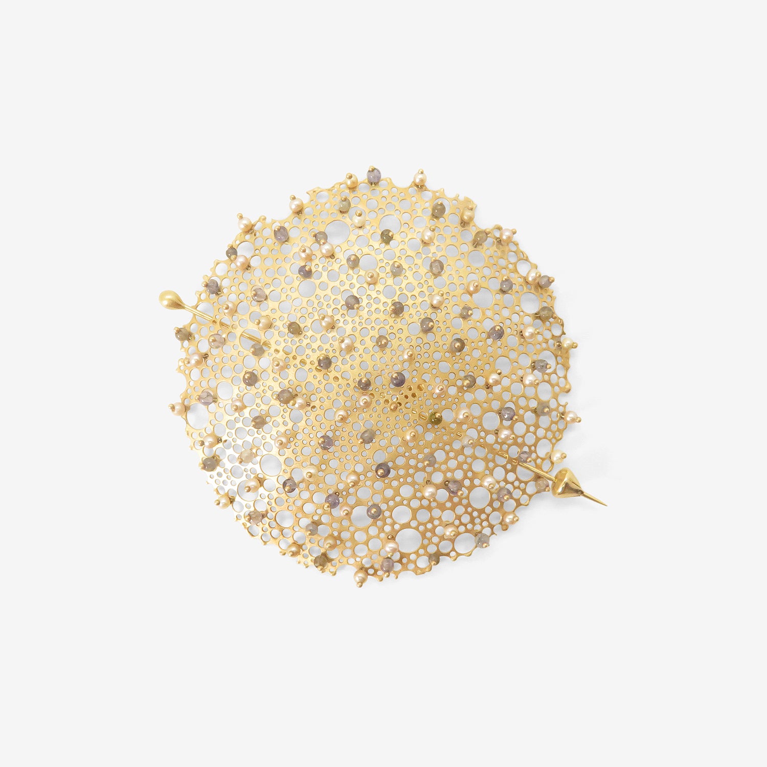 TED MUEHLING 14K LARGE QUEEN ANNE'S LACE PIN WITH PEARL & LABRADORITE