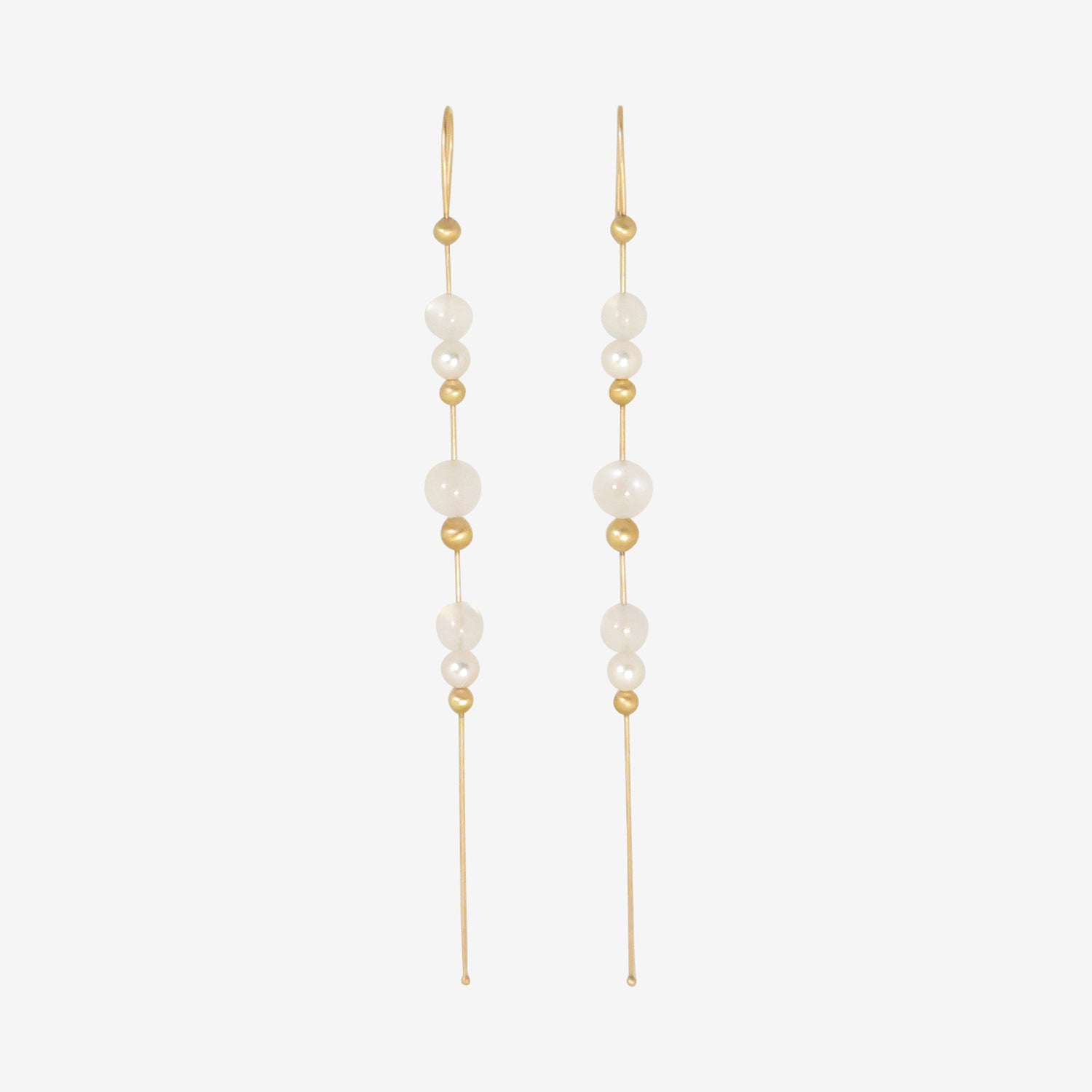 TED MUEHLING 14K & MOONSTONE BEAD CHAIN EARRINGS WITH WHITE PEARLS