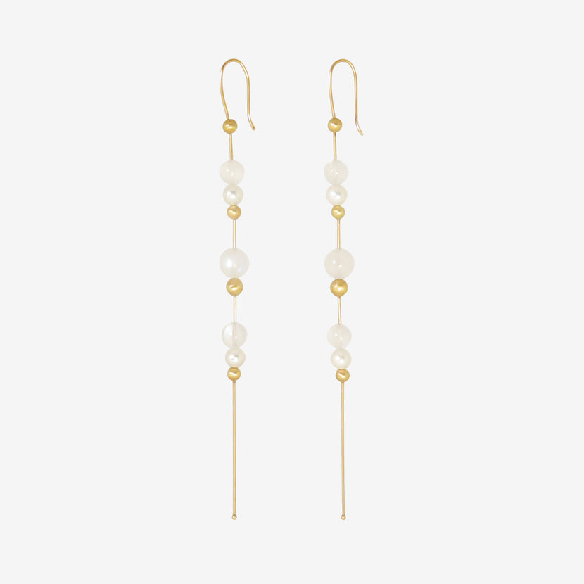 TED MUEHLING 14K & MOONSTONE BEAD CHAIN EARRINGS WITH WHITE PEARLS