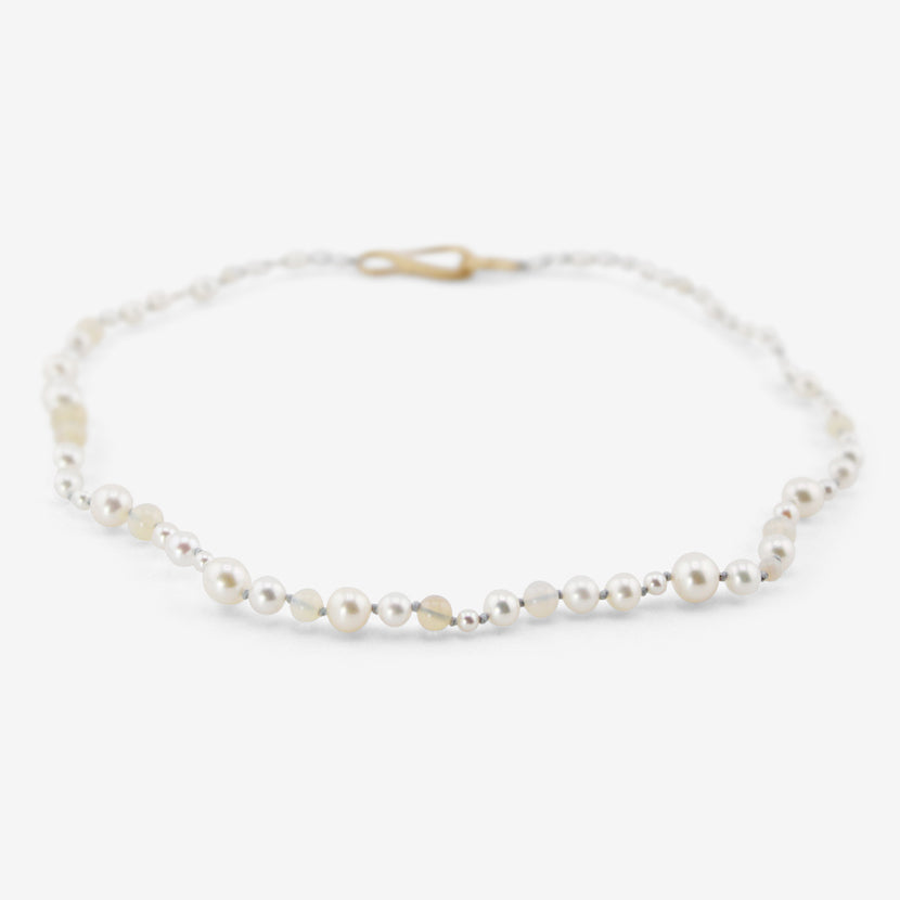 TED MUEHLING PEARL & OPAL CHOKER ON BLUE SILK THREAD WITH 10K CLASP