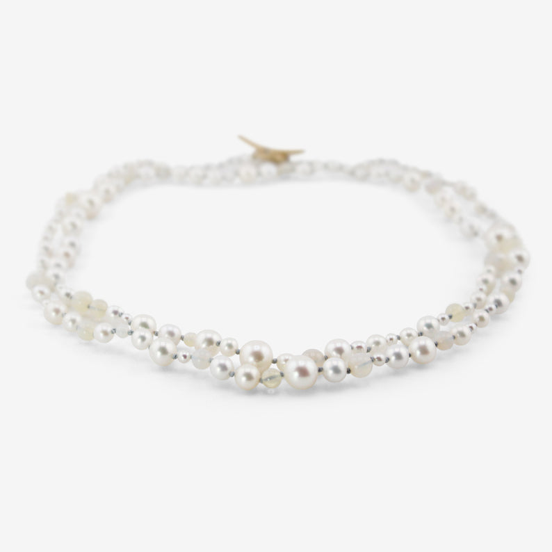 TED MUEHLING 10K PEARL & OPAL NECKLACE ON BLUE SILK THREAD