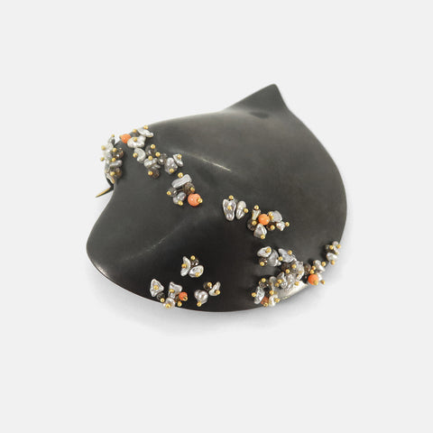 TED MUEHLING OXIDIZED BRONZE LARGE CLAM SHELL PIN WITH KESHI PEARLS, DIAMONDS, LABRADORITE & CORAL