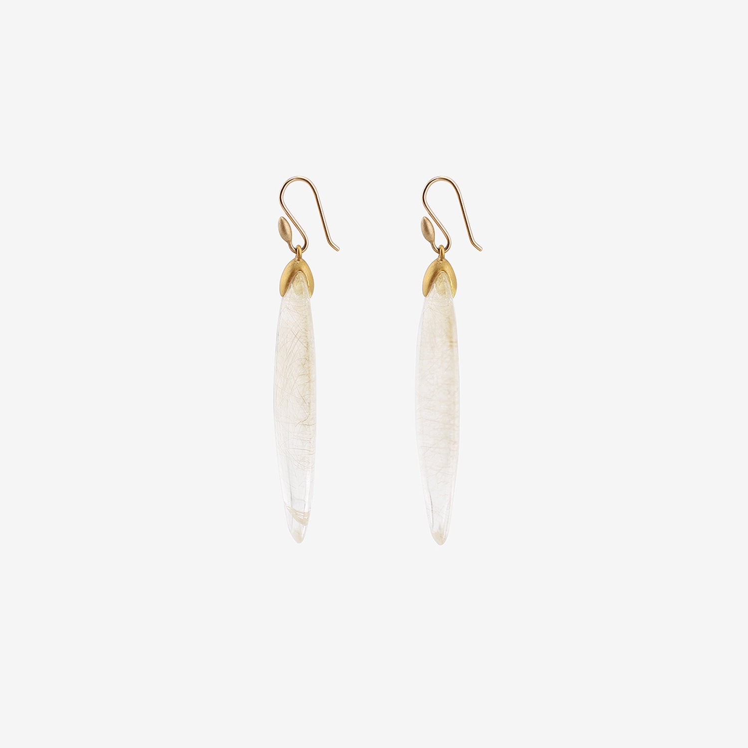 TED MUEHLING 18K & RUTILATED QUARTZ HAND-CUT LARGE ELONGATED OVAL CHIP EARRINGS