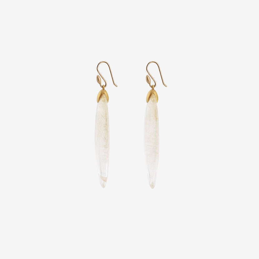 TED MUEHLING 18K & RUTILATED QUARTZ HAND-CUT LARGE ELONGATED OVAL CHIP EARRINGS