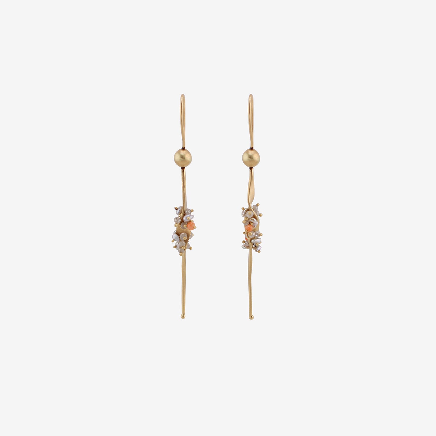 TED MUEHLING 14K SMALL SEAWEED EARRINGS WITH KESHI PEARLS, CORAL & DIAMONDS