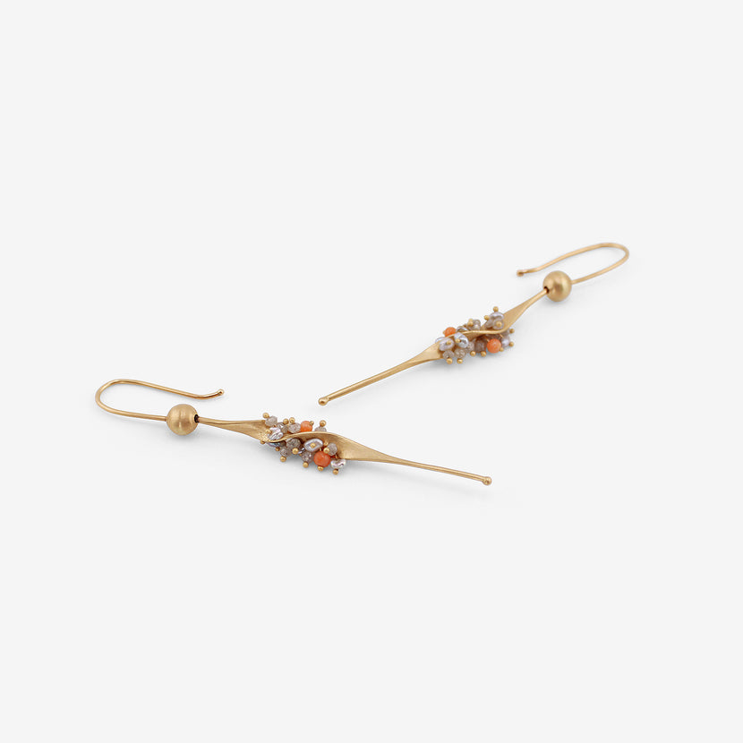 TED MUEHLING 14K SMALL SEAWEED EARRINGS WITH KESHI PEARLS, CORAL & DIAMONDS