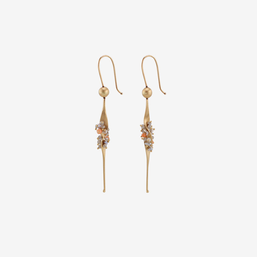 TED MUEHLING 14K SMALL SEAWEED EARRINGS WITH KESHI PEARLS, CORAL & DIAMONDS