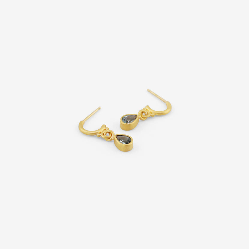 DENISE BETESH 22K & PEAR-SHAPED BLUE SPINEL EARRINGS ON POSTED HALF HOOPS, .73CT