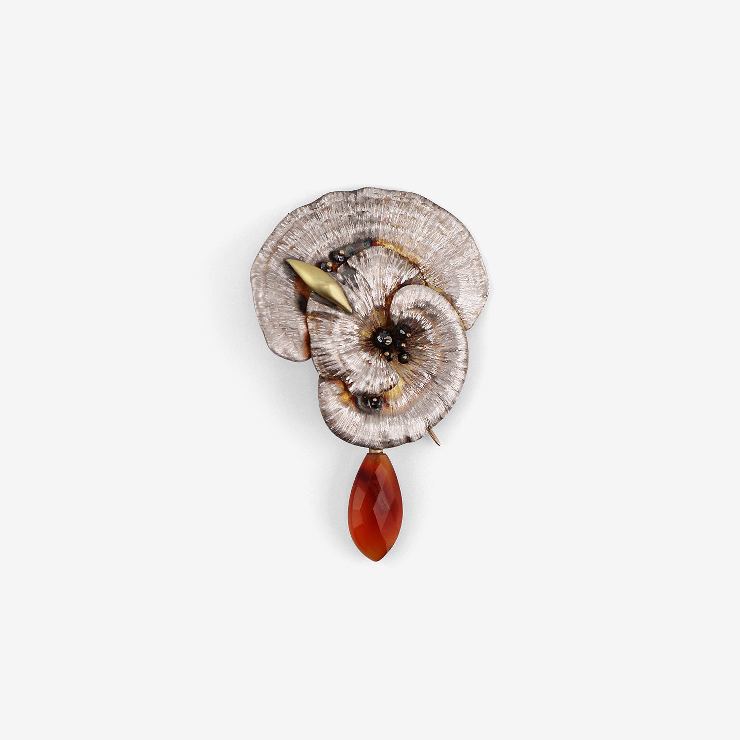 GABRIELLA KISS STERLING SILVER & 18K MUSHROOM PIN WITH BLACK DIAMONDS & CARNELIAN DROP
