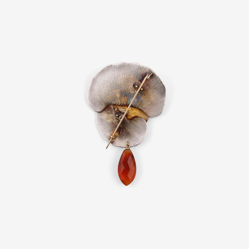 GABRIELLA KISS STERLING SILVER & 18K MUSHROOM PIN WITH BLACK DIAMONDS & CARNELIAN DROP