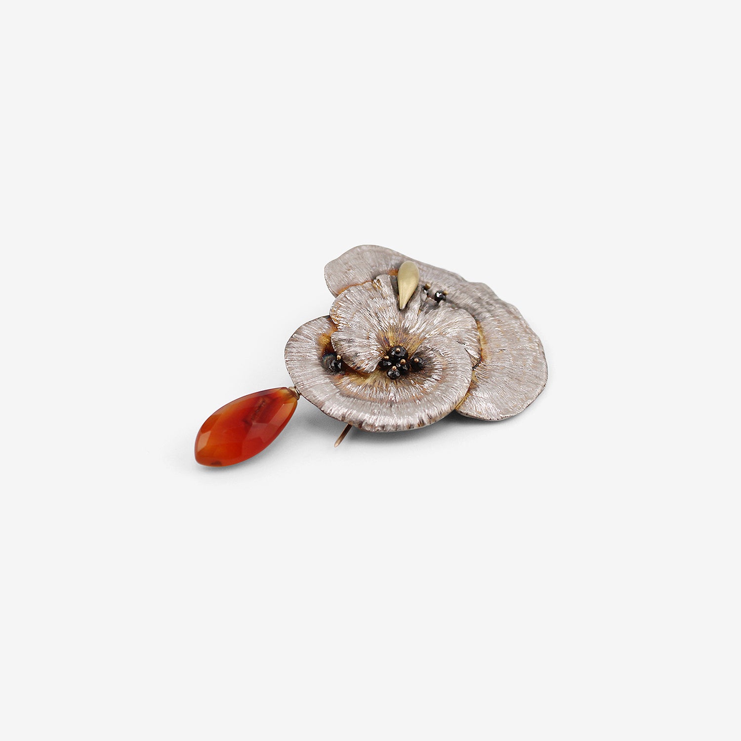 GABRIELLA KISS STERLING SILVER & 18K MUSHROOM PIN WITH BLACK DIAMONDS & CARNELIAN DROP