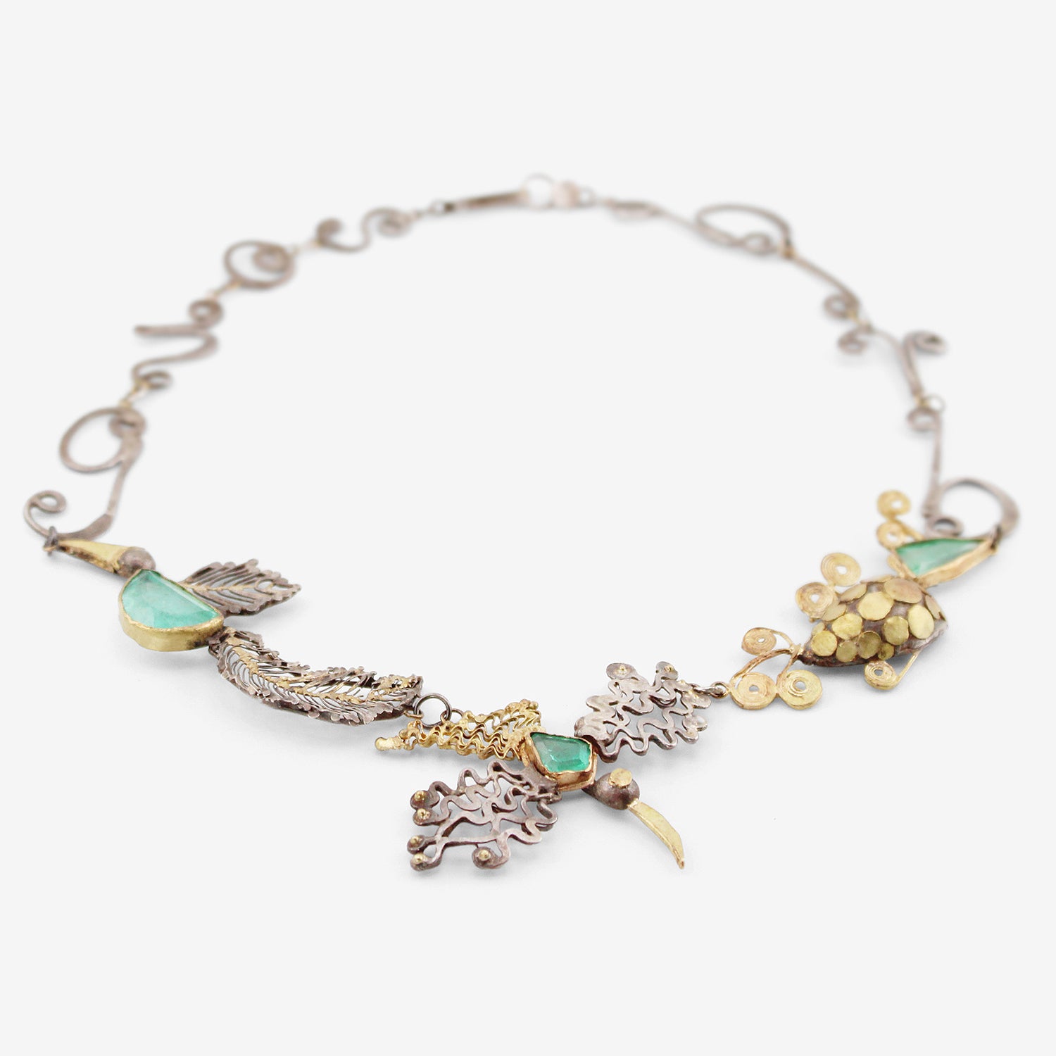 JUDY GEIB SILVER & 18K BIRDSONG NECKLACE WITH COLOMBIAN EMERALDS, 13CT